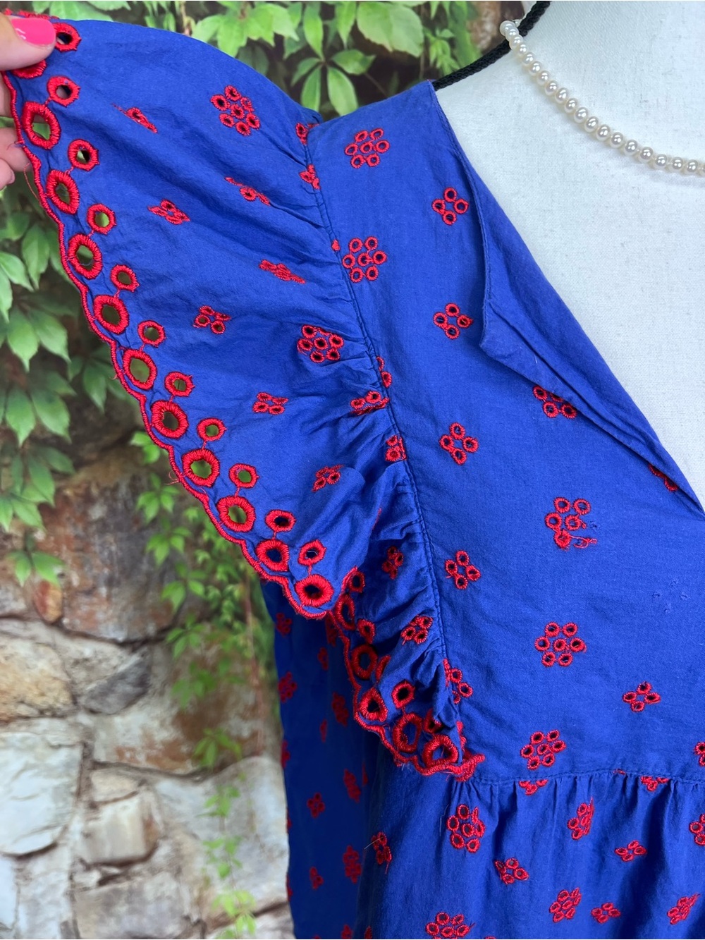 JW STYLE Bohemian Resortwear Blue Ruffled Sleeve Tope with Red Embroidery, XL - Picture 3 of 12